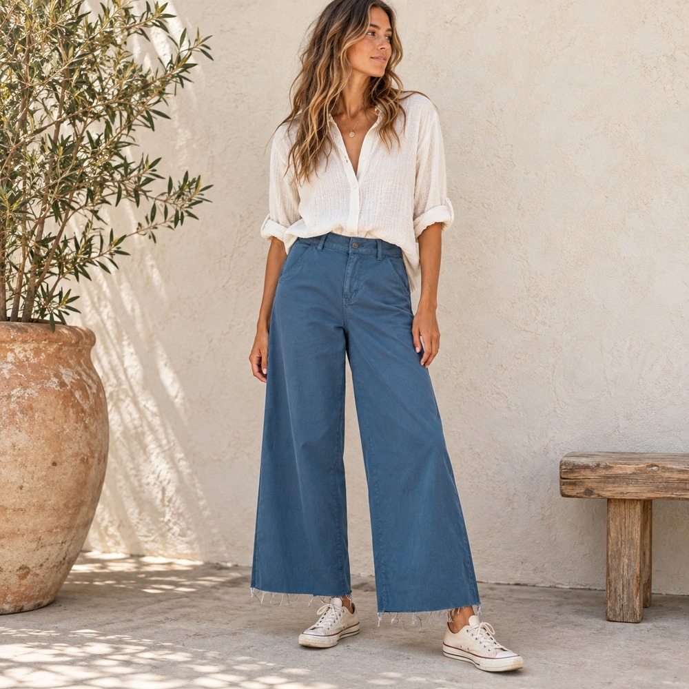 Oliver Logan Womens Flora Wide Leg Crop Pants Sz 31 Blue Raw Hem Stretch Coastal